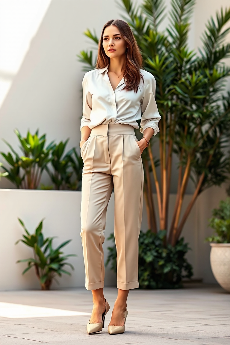 A woman wearing high-waisted cropped trousers in beige, paired with a tucked-in white silk blouse and pointed-