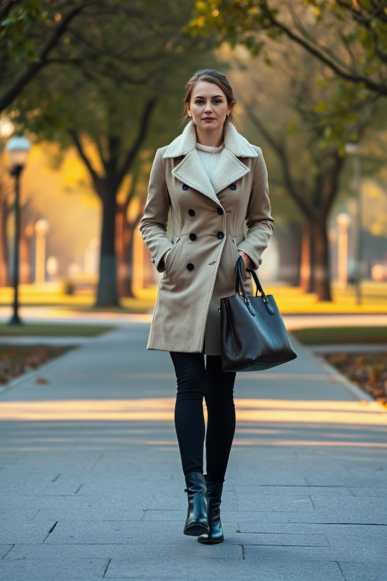 A woman in a beige fleece-lined coat, fitted black jeans, and black ankle boots, walking through a misty city