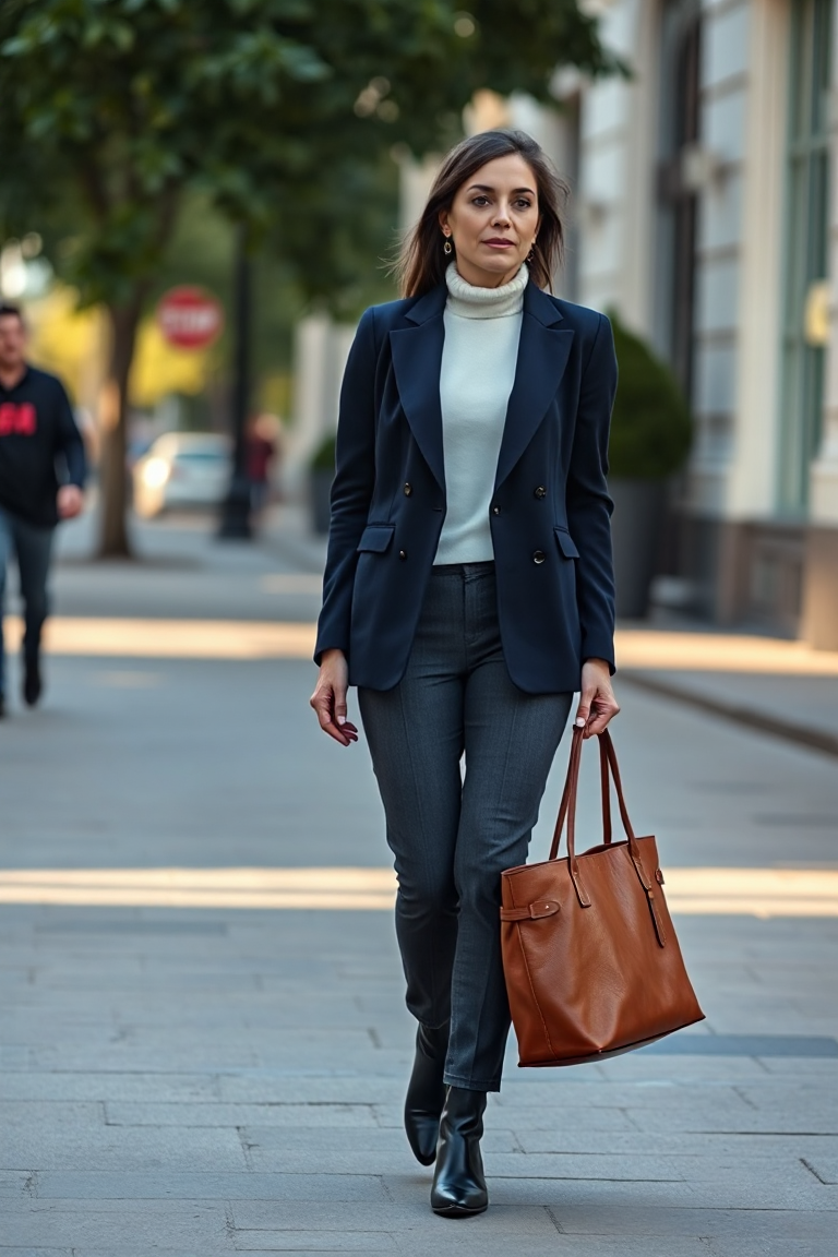 A woman wearing a tailored navy blazer coat over a white turtleneck, dark grey tailored trousers, and black an