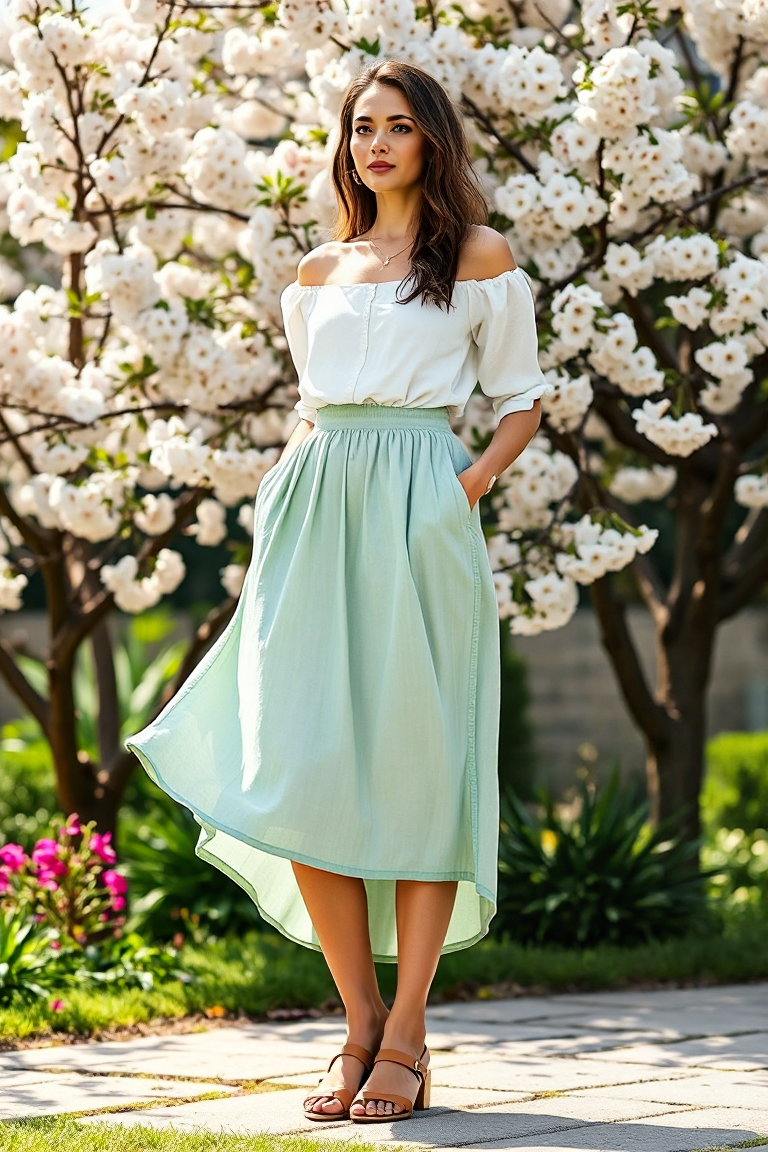 A woman wearing a flowing mint green linen midi skirt, paired with a white off-the-shoulder blouse and tan lea