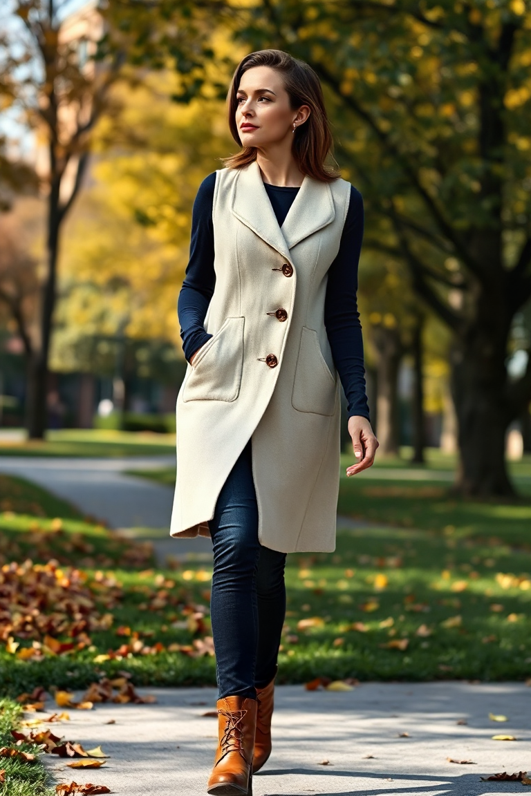 A woman in a fitted cream wool waistcoat over a navy long-sleeve shirt, paired with slim-fit dark jeans and br