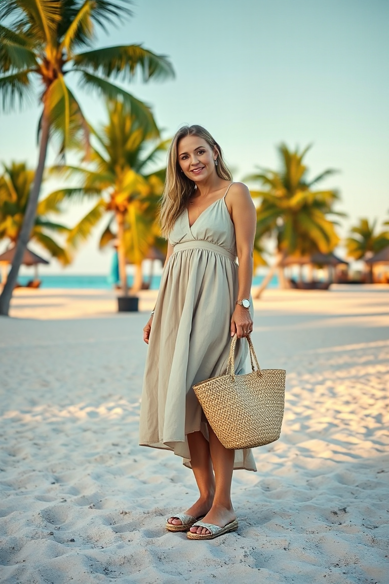 A woman in a flowy beige linen sundress and woven espadrilles stands on a sandy beach at golden hour, holding