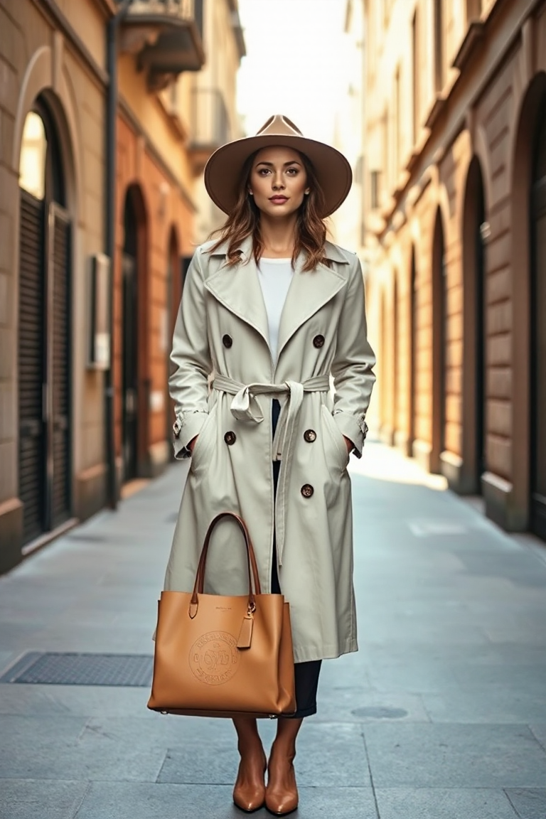 A woman in a cream trench coat, wide-brimmed hat, and beige leather handbag standing in a sunlit urban alleywa