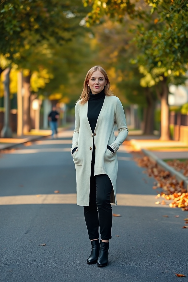 A woman standing on a quiet autumnal street, wearing a cream long cardigan over a black turtleneck and high-wa