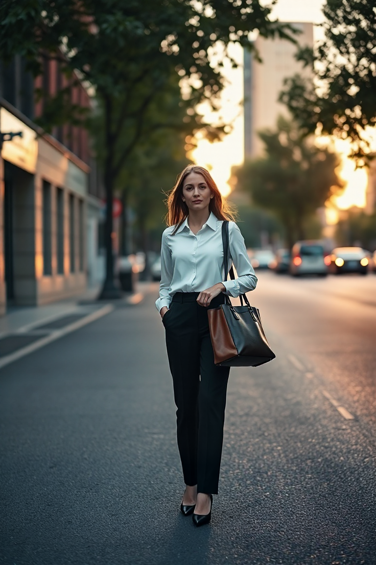 A woman in a tailored black trouser and white silk blouse stands on a quiet city street at sunrise, soft morni