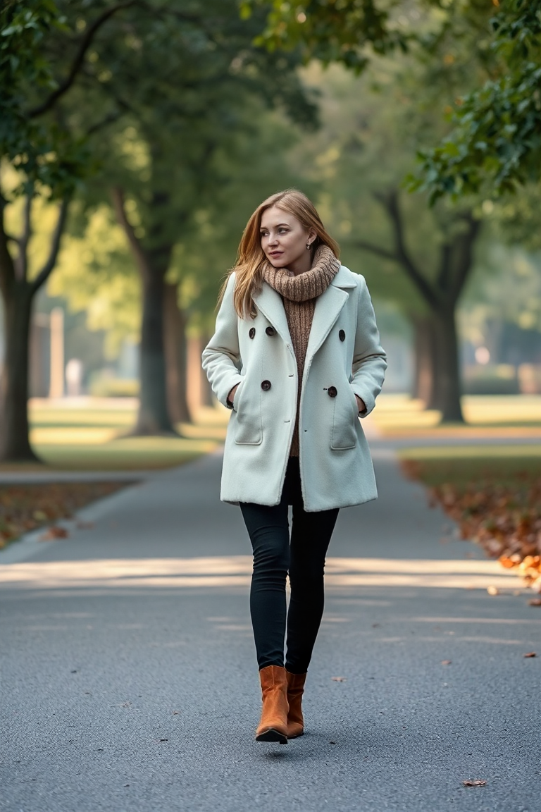 A woman walking through a misty park in a cream fleece-lined coat, paired with black skinny jeans, a ribbed oa