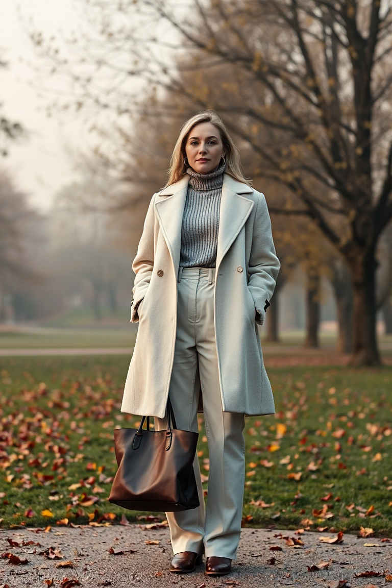 A woman standing in a misty autumn park, wearing a cream cashmere coat, a soft grey turtleneck, and high-waist