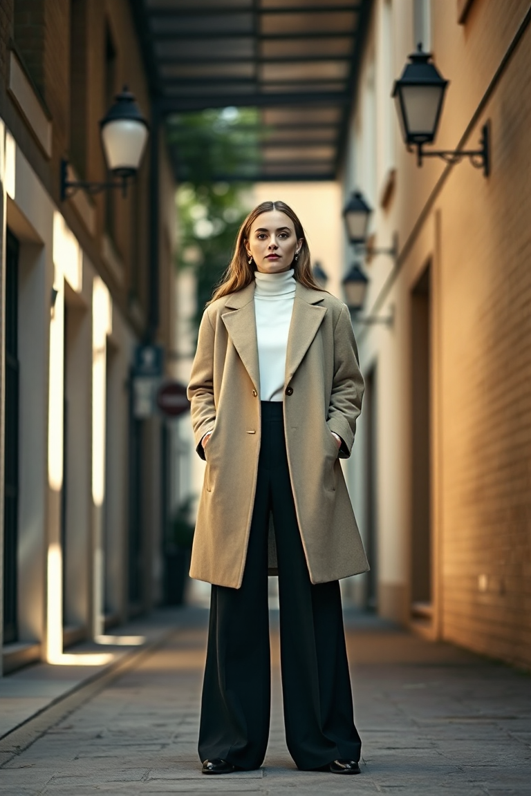 A woman in a beige wool-blend blazer coat over a white turtleneck and black wide-leg trousers, standing in a s
