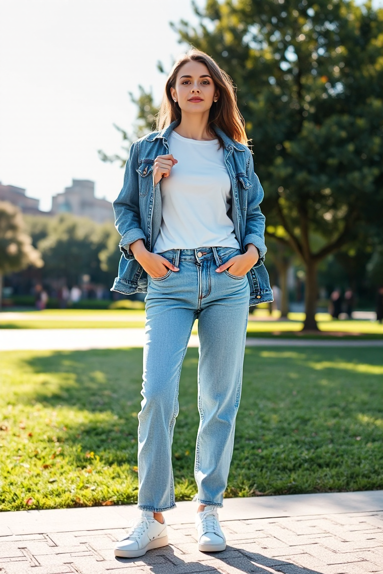 A woman standing in a sunlit urban park wearing a white t-shirt, high-waisted straight-leg jeans, and white sn