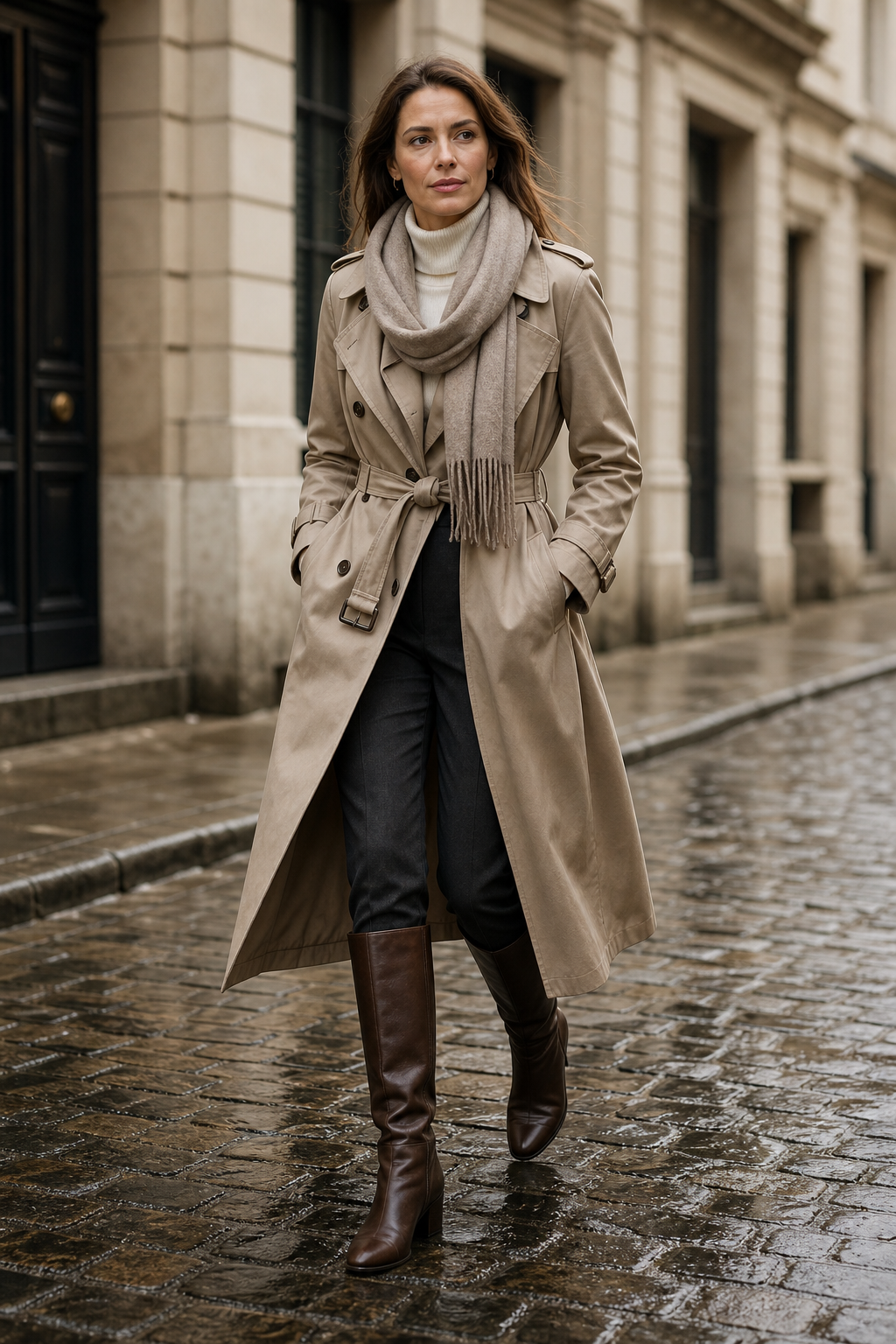 Full-body fashion photograph of an elegant woman wearing a belted beige trench coat over a cream roll-neck jum